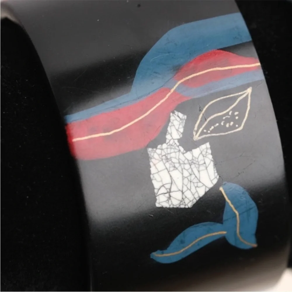 Black Wide Cuff Bracelet Abstract Inlay Modern Statement Bracelet